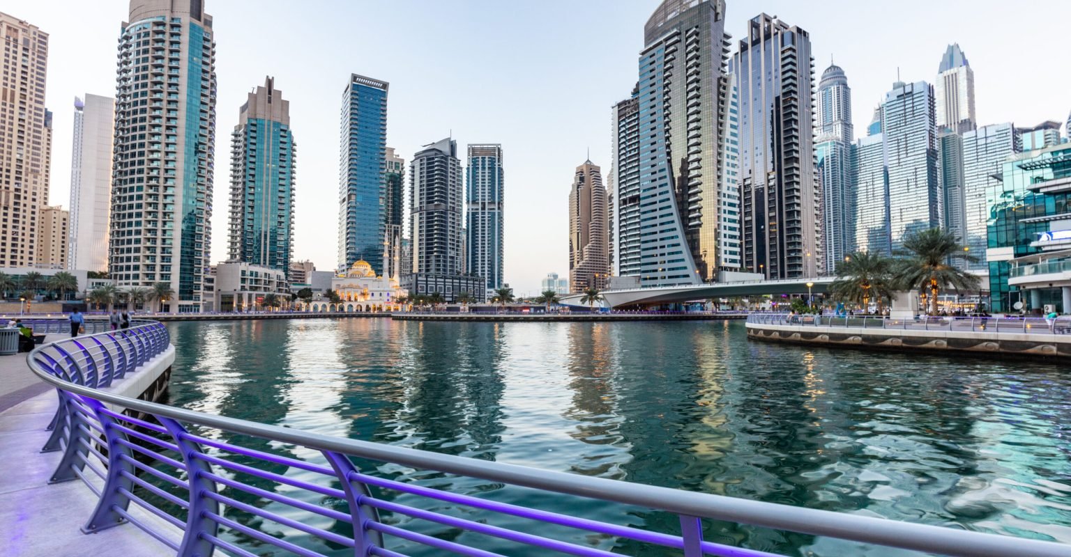 Dubai marina promenade in UAE at sunset Middle East