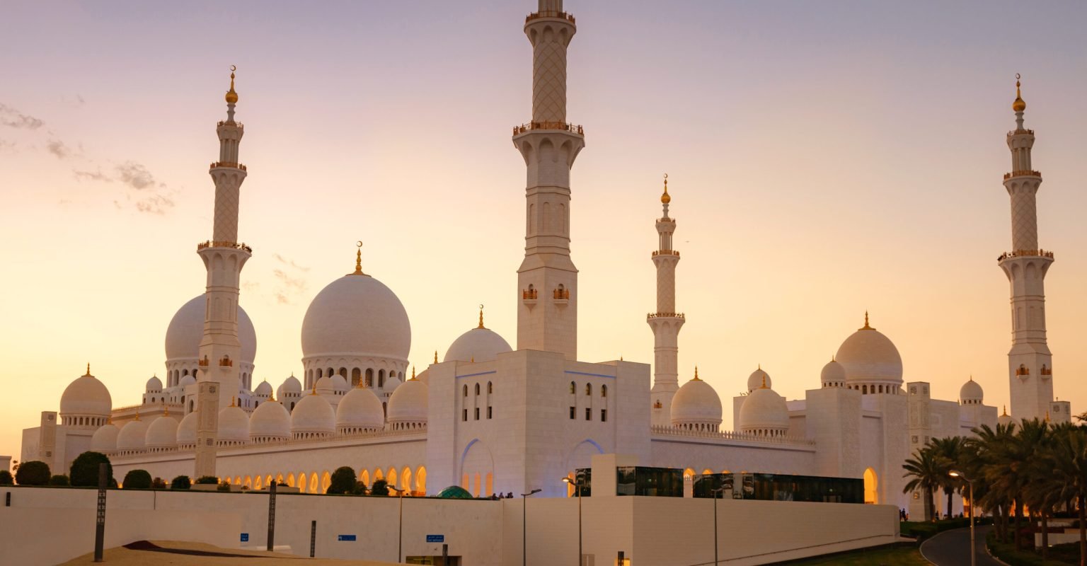 Sheikh Zayed Mosque in Abu Dhabi 20 March 2023, Abu Dhabi, UAE: Sheikh Zayed Mosque largest mosque of UAE located in Abu Dhabi capital city of United Arab Emirates. The 3rd largest mosque in world. Beautiful photo in sunset light